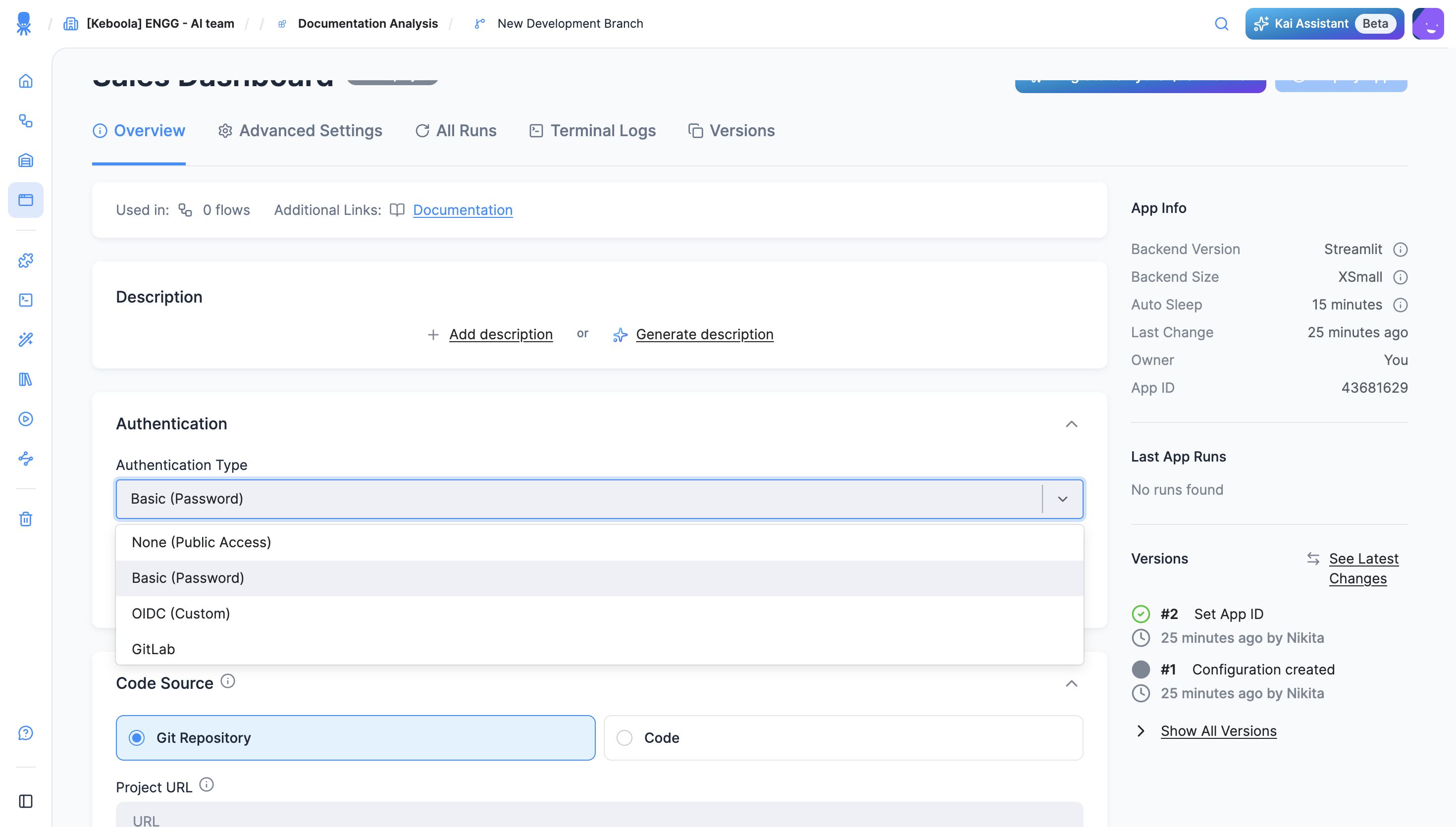 The Authentication Type dropdown in an app's configuration, listing None, Basic, OIDC, GitLab, GitHub, and JumpCloud