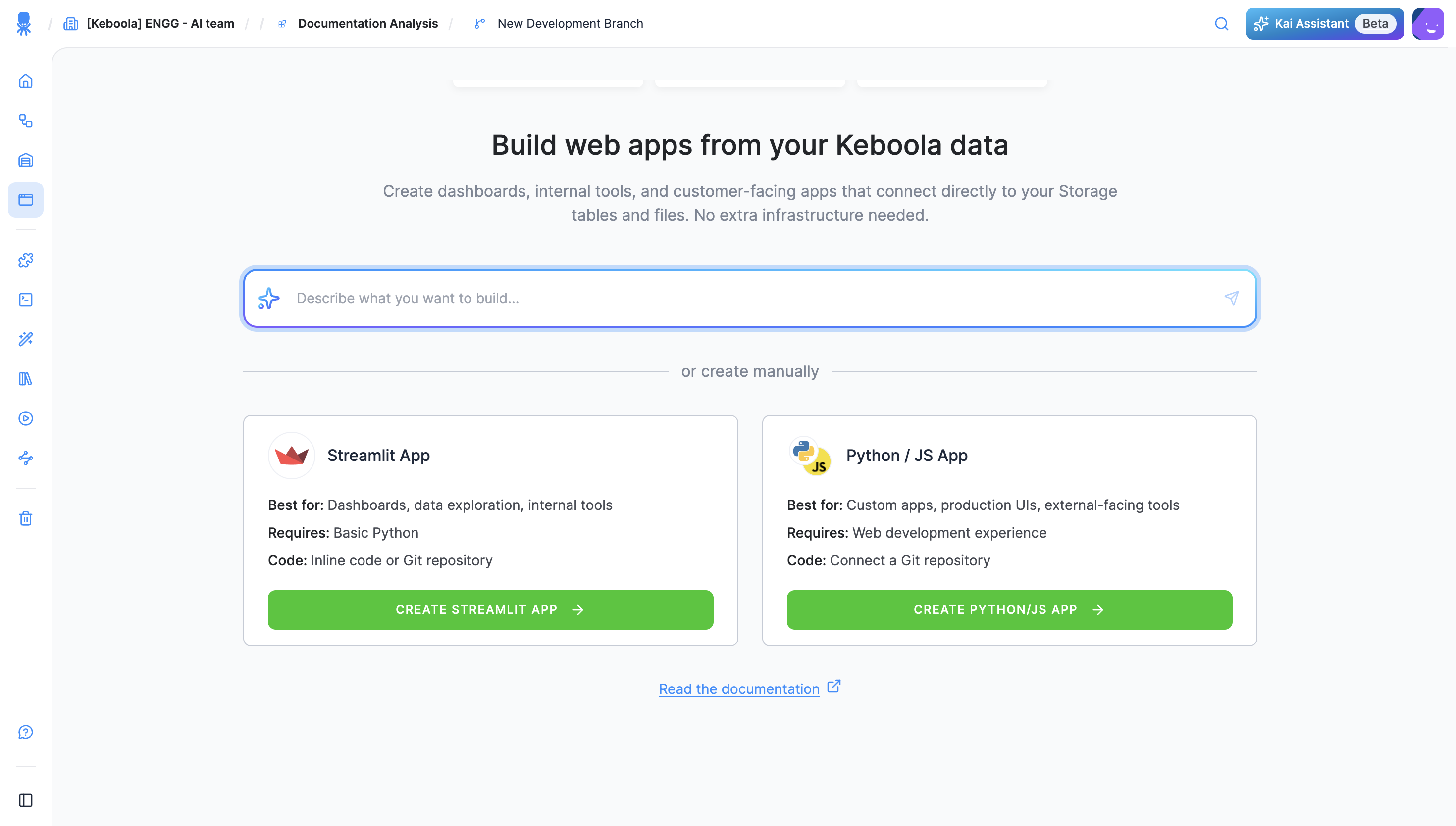 The Create App screen: the Kai prompt at the top and, under "or create manually", the Streamlit and Python / JS choice cards