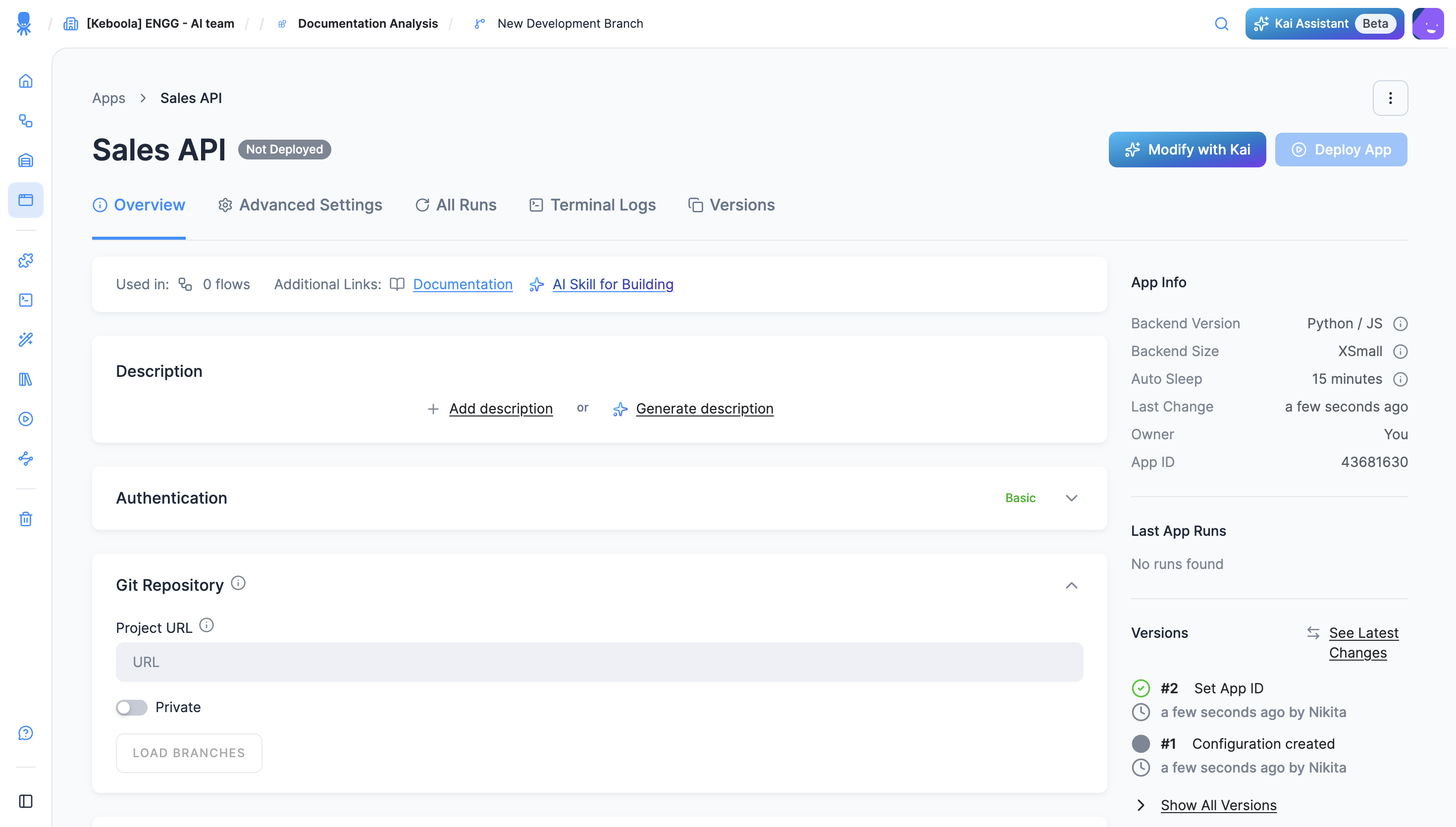 A Python/JS app's configuration page: the Overview tab with Authentication and a Git Repository section, and an App Info panel showing the Python / JS backend, size, and auto-sleep